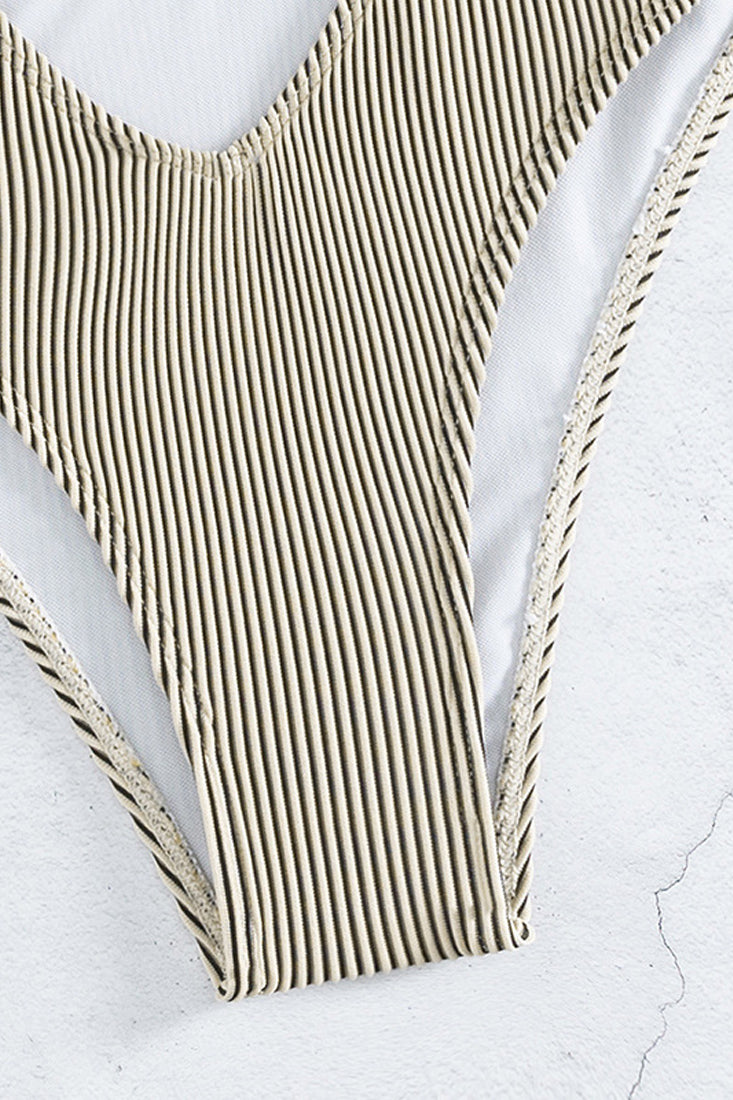 Khaki O-Ring Chain Linked Hollow Out Ribbed Monokini Areous