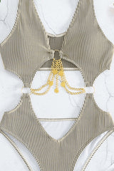 Khaki O-Ring Chain Linked Hollow Out Ribbed Monokini Areous