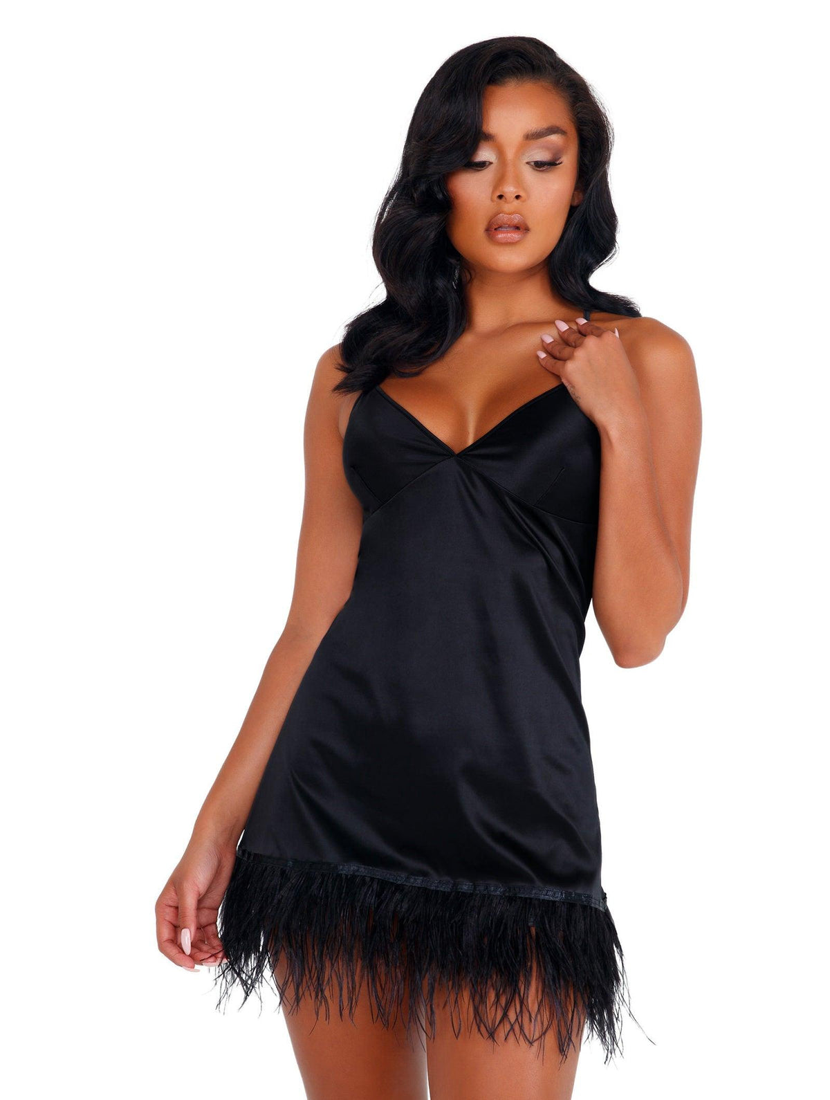 LI400 - Soft Satin Chemise with Ostrich Feathered Trim Areous