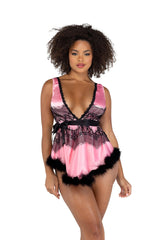 LI480 - 2PC Satin & Lace Babydoll with Tie & Faux Feather Detail Areous
