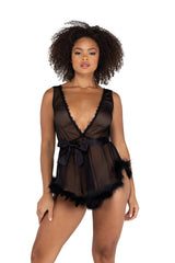 LI482 - Low Cut Mesh Babydoll with Faux Fur Trim & Satin Tie Areous