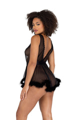 LI482 - Low Cut Mesh Babydoll with Faux Fur Trim & Satin Tie Areous