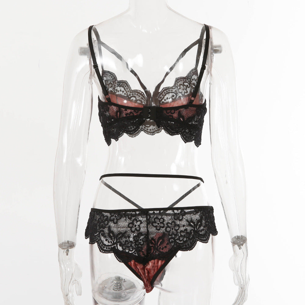 Lace Patch Contrast Velvet Bra and Panty Lingerie Set Areous
