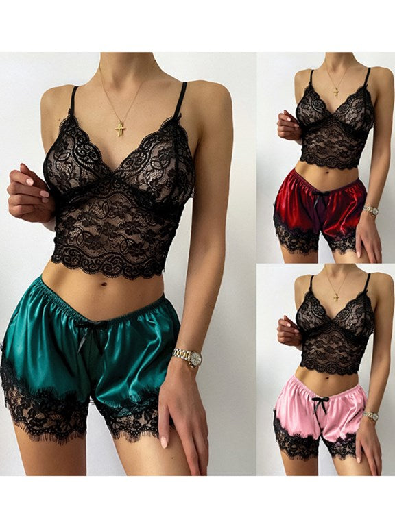 Lace Top and Satin Shorts Lingerie Set Areous