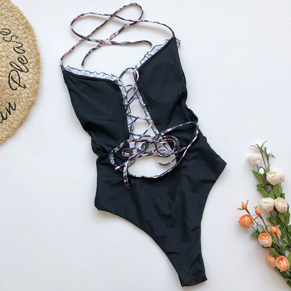 Lace Up Floral Halter Swimwear Areous