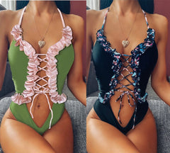 Lace Up Floral Halter Swimwear Areous