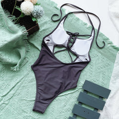 Lace Up One Piece Plain Halter Swimwear Areous