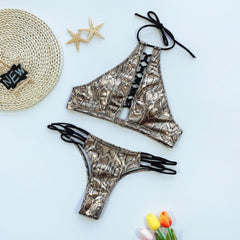 Lace Up Two Piece Metallic Leopard Swimwear Areous