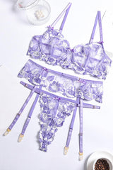 Lavender Floral Embroidered Mesh Underwire Lingerie 3 Pc Set Areous
