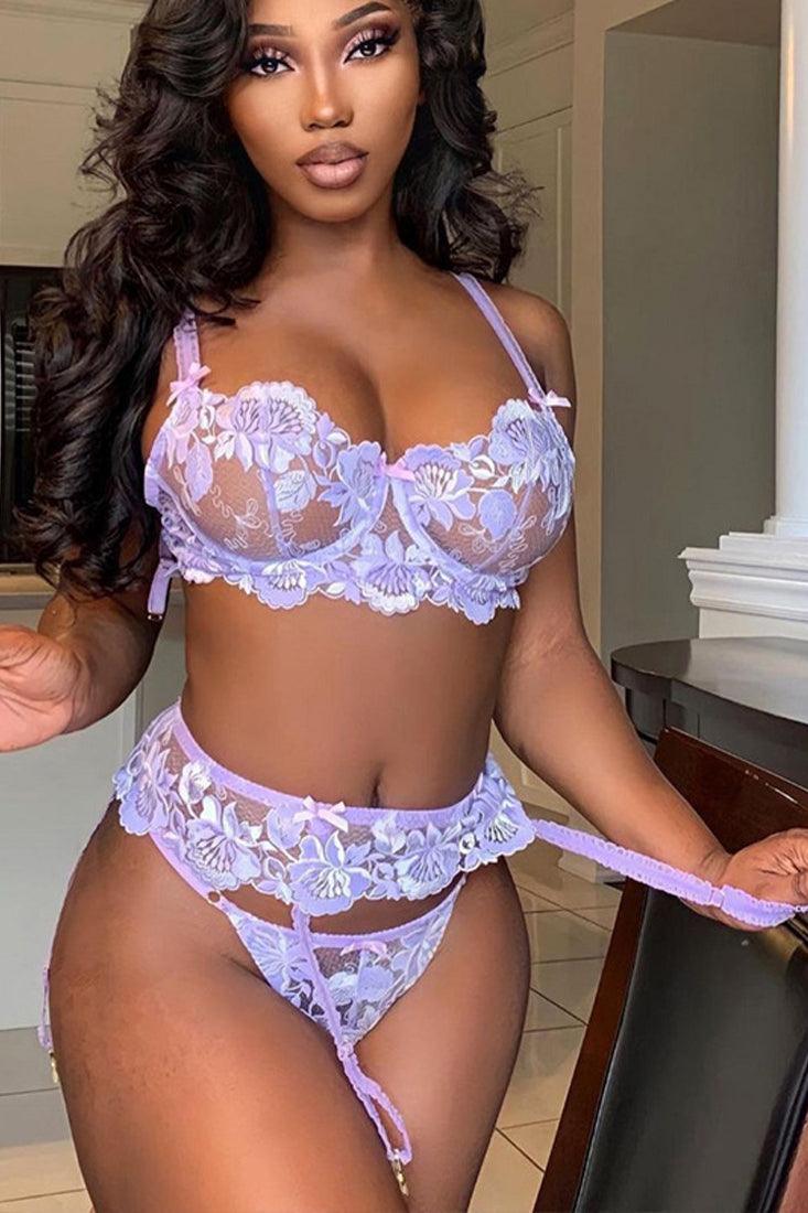 Lavender Floral Embroidered Mesh Underwire Lingerie 3 Pc Set Areous