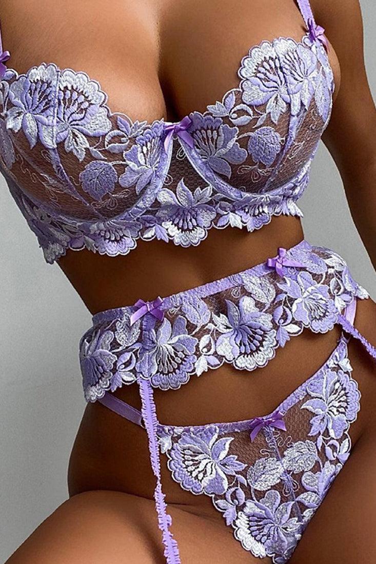 Lavender Floral Embroidered Mesh Underwire Lingerie 3 Pc Set Areous