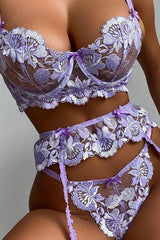 Lavender Floral Embroidered Mesh Underwire Lingerie 3 Pc Set Areous