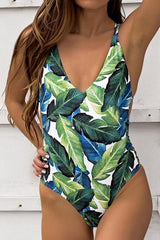 Leaf Printed Halter One-piece Swimsuit Areous