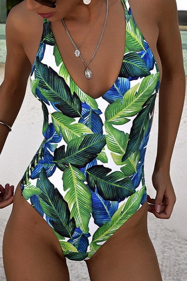 Leaf Printed Halter One-piece Swimsuit Areous