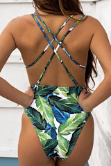 Leaf Printed Halter One-piece Swimsuit Areous