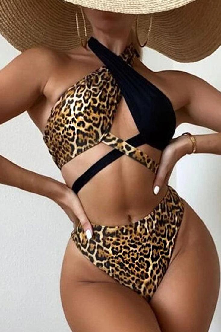 Leopard Black Criss Cross Two Piece Swimsuit Areous