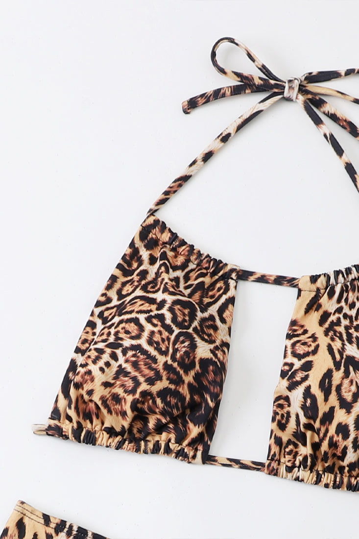 Leopard Lace Up Square Halter 2 Pc Swimsuit Areous