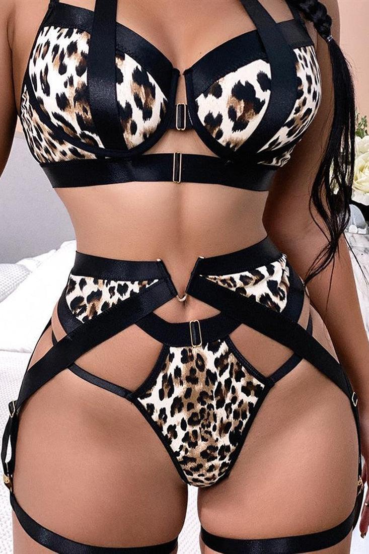 Leopard Print Strappy Exotic Lingerie 5 Pc Set Areous