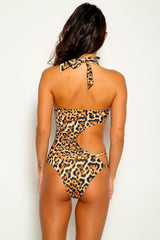 Leopard Print Strappy Halter One Piece Swimsuit Areous