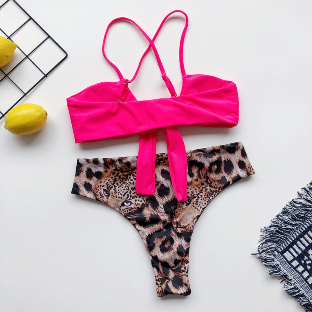 Leopard Print Two Piece Knot Swimwear Areous