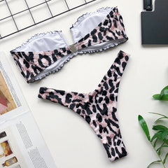 Leopard Strapless Ruffles Swimwear Areous