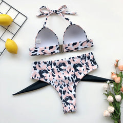 Leopard Two Piece Halter Swimwear Areous