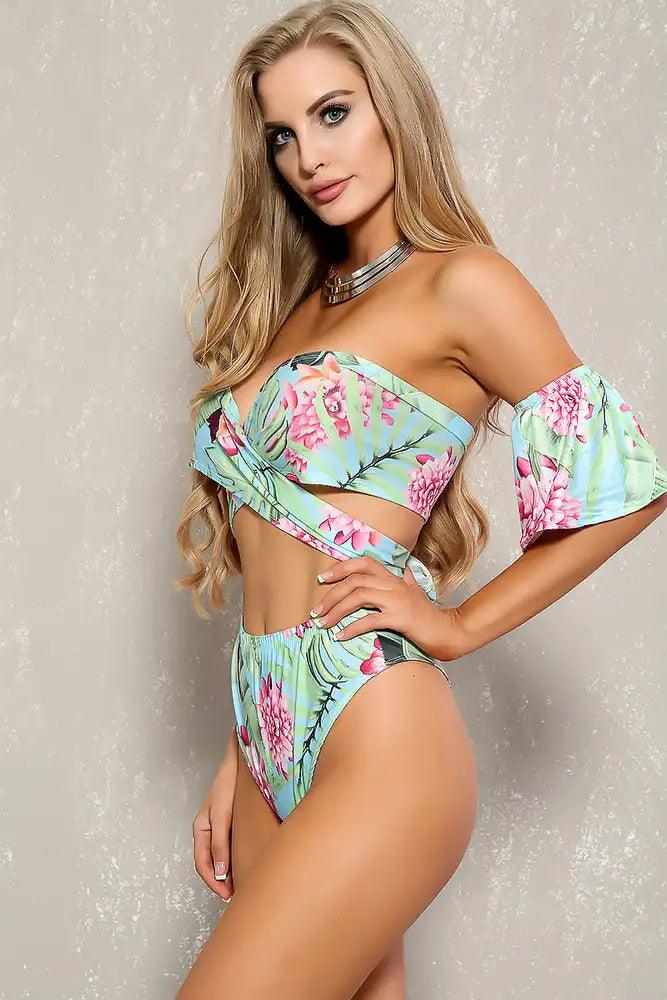 Light Blue Floral Print Two Piece Swimsuit Set Areous
