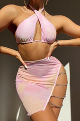 Light Pink Halter Three Piece Swimsuit Areous