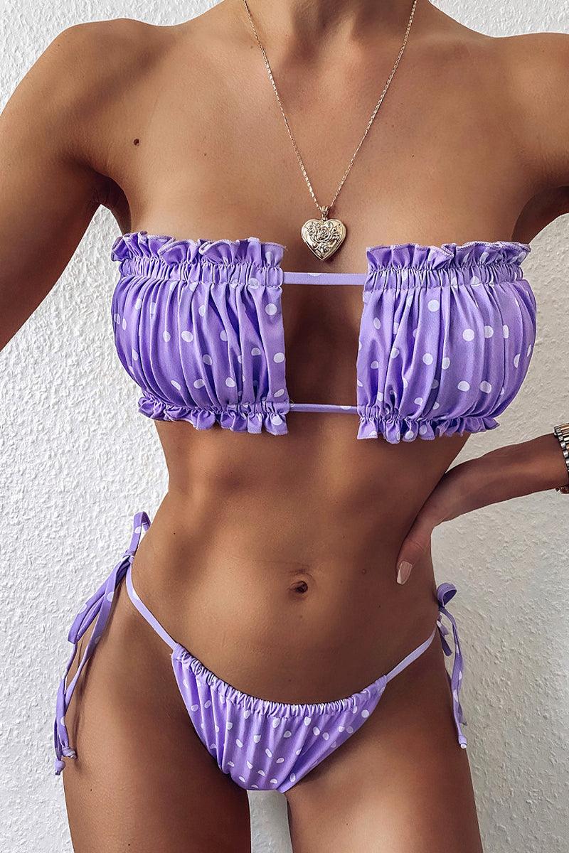 Lilac Polka Dot Print Ruffled Two Piece Swimsuit Areous