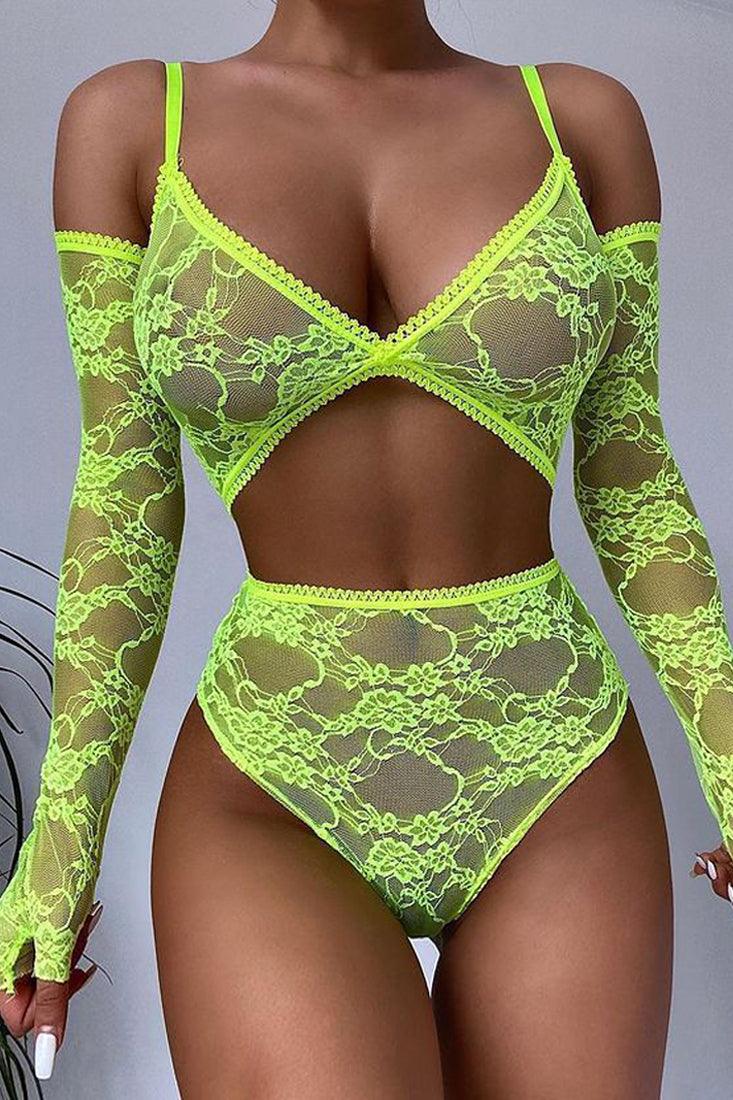 Lime Lace Arm Sleeves High Waist 3 Pc Lingerie Set Areous