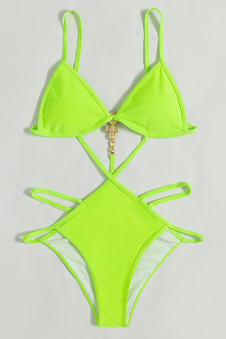 Lime Strappy Rhinestone Back Accent Monokini Areous