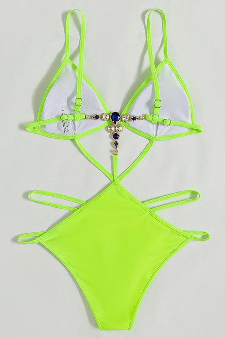 Lime Strappy Rhinestone Back Accent Monokini Areous