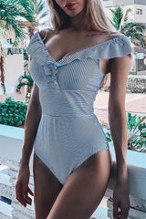 Lotus Leaf Striped One Piece Swimsuit Areous