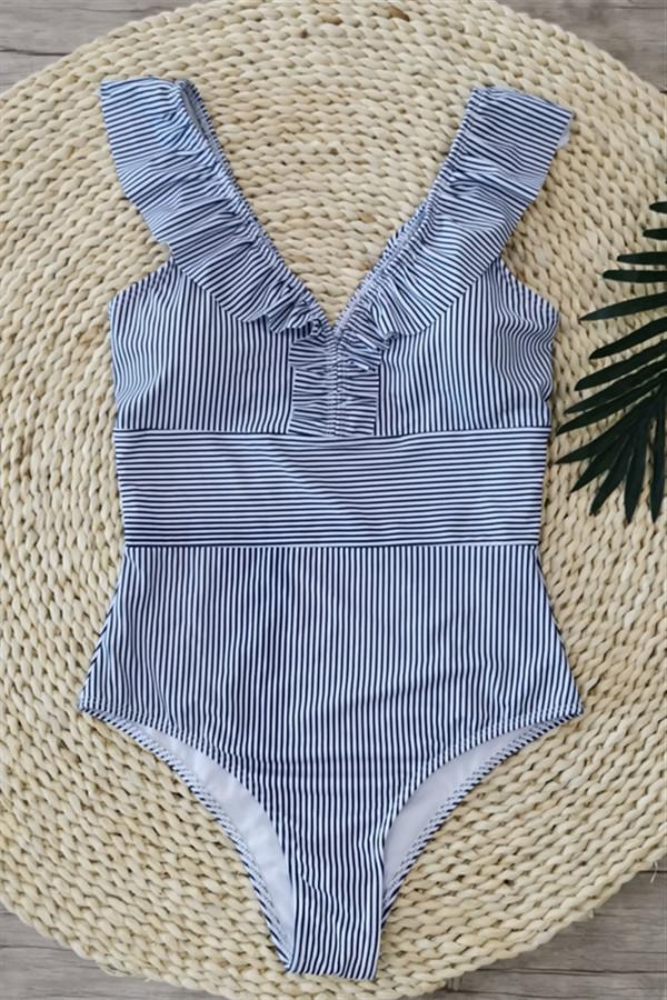 Lotus Leaf Striped One Piece Swimsuit Areous