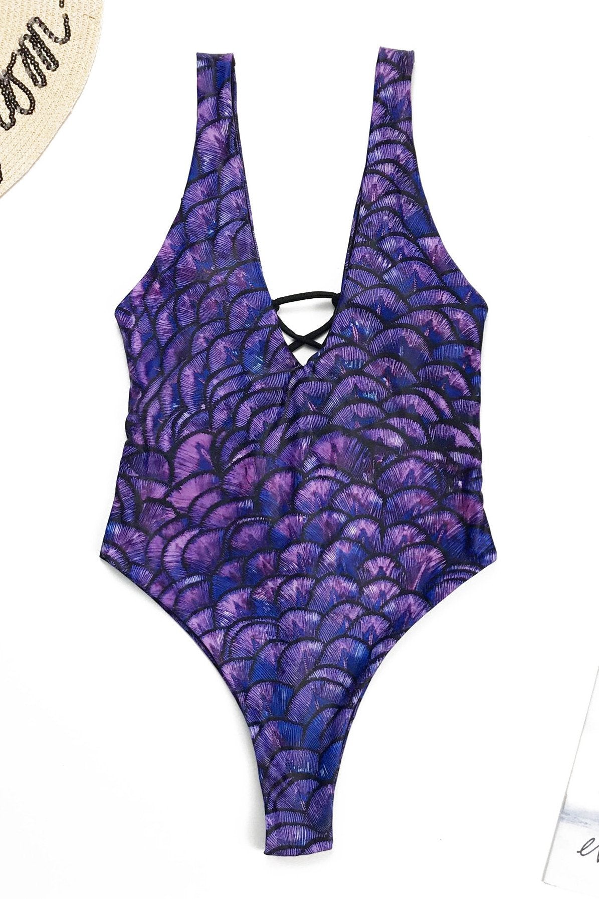 Mermaid Deep V Lace up One-Piece Swimsuit Areous