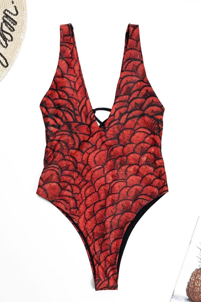 Mermaid Deep V Lace up One-Piece Swimsuit Areous