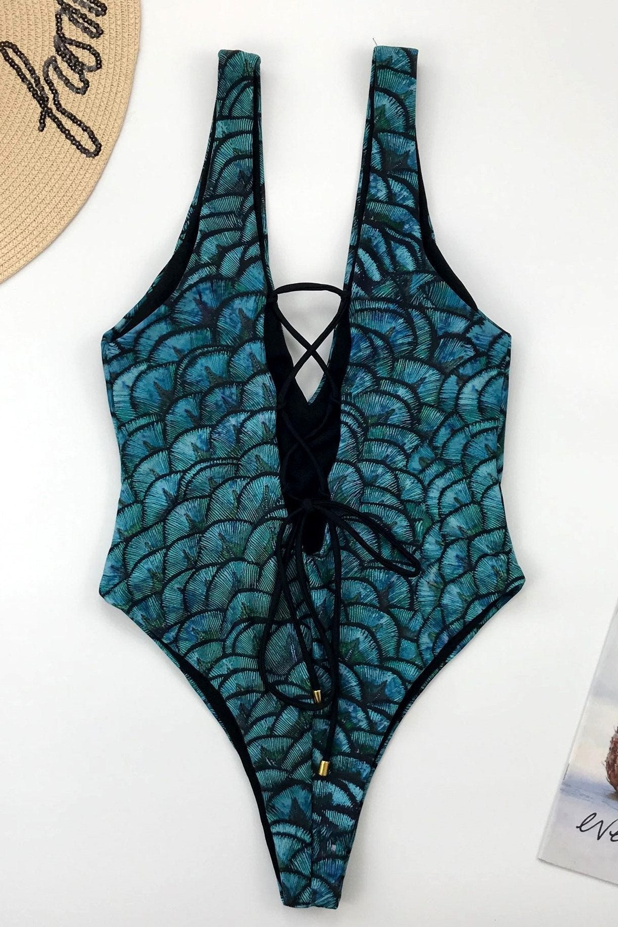 Mermaid Deep V Lace up One-Piece Swimsuit Areous