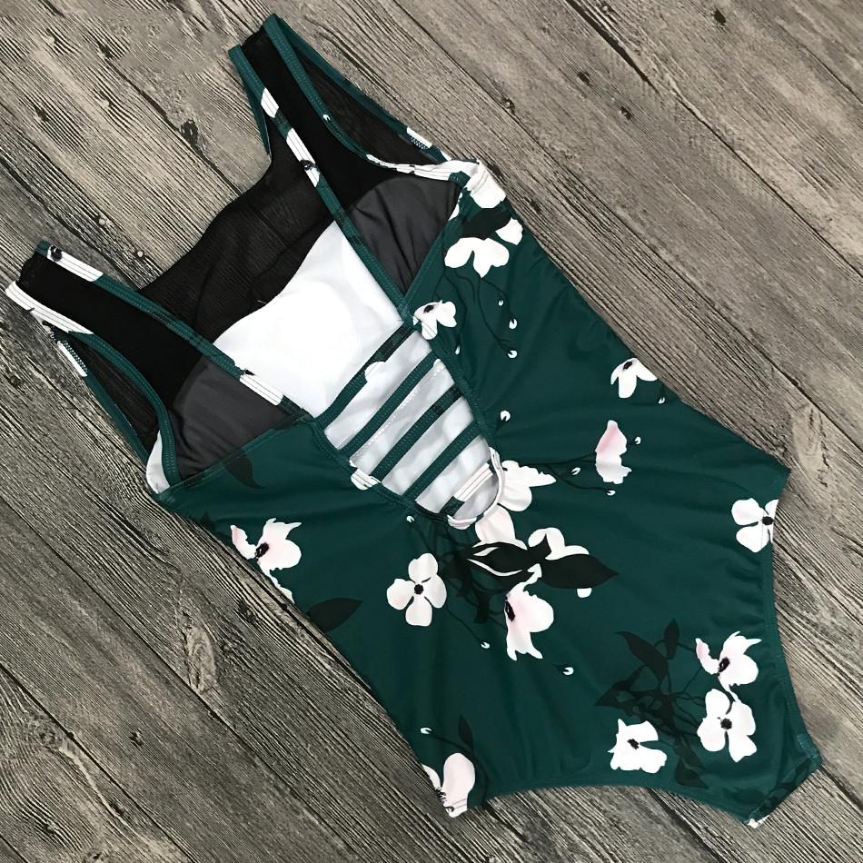 Mesh Bandage Floral One-Piece Swimsuit Areous
