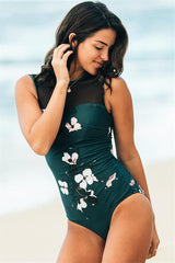 Mesh Bandage Floral One-Piece Swimsuit Areous