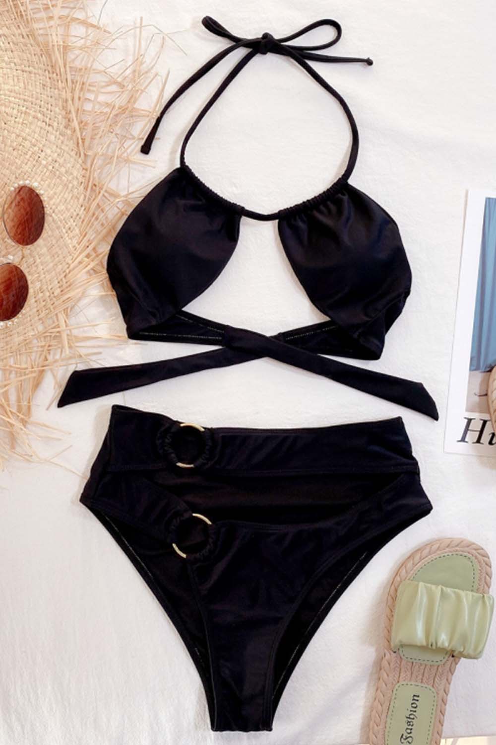 Metal Ring Solid Color Hollow Bikini Areous