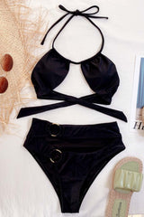 Metal Ring Solid Color Hollow Bikini Areous