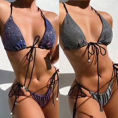Metallic Halter Top and Side Strings Bottom Bikini Set Areous