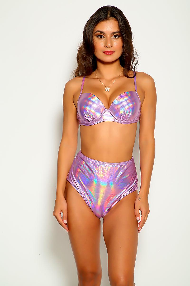 Metallic Pink High Waist Two Piece Swimsuit Areous