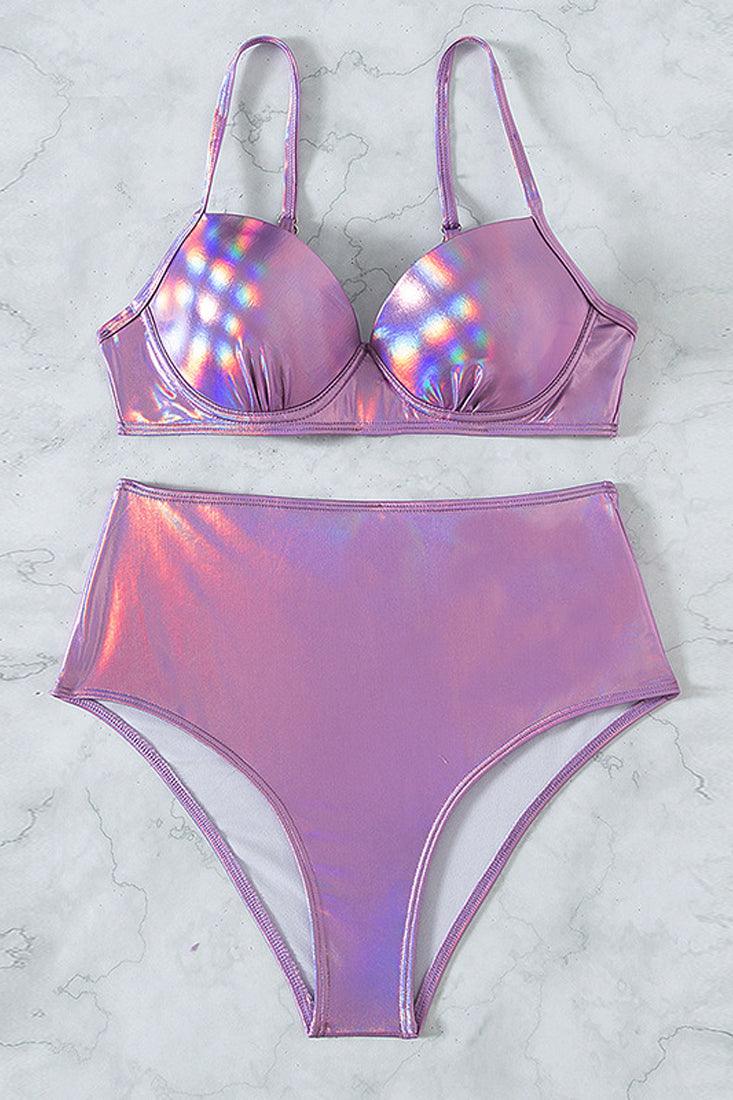 Metallic Pink High Waist Two Piece Swimsuit Areous