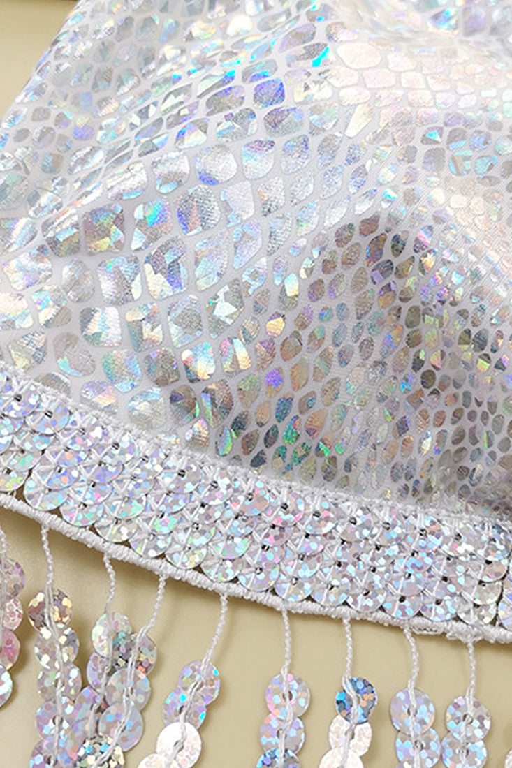 Metallic Silver Sequin Fringe 2 Pc Bikini Set Areous