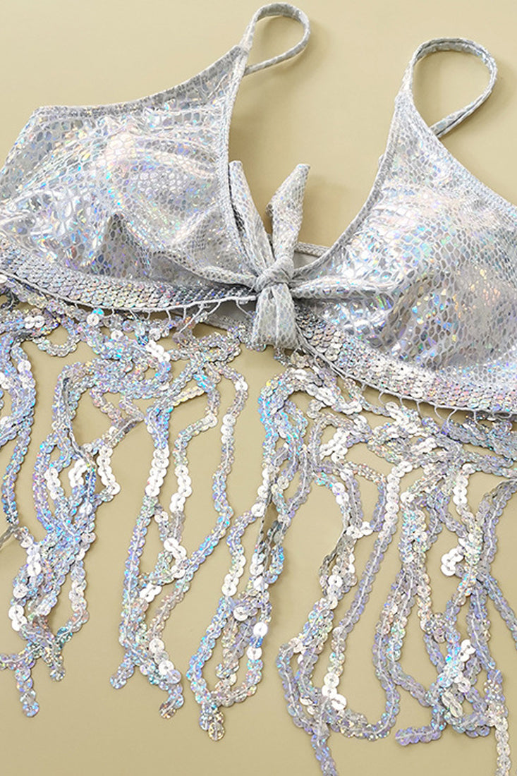 Metallic Silver Sequin Fringe 2 Pc Bikini Set Areous