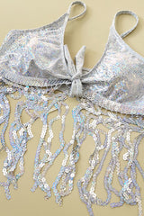 Metallic Silver Sequin Fringe 2 Pc Bikini Set Areous