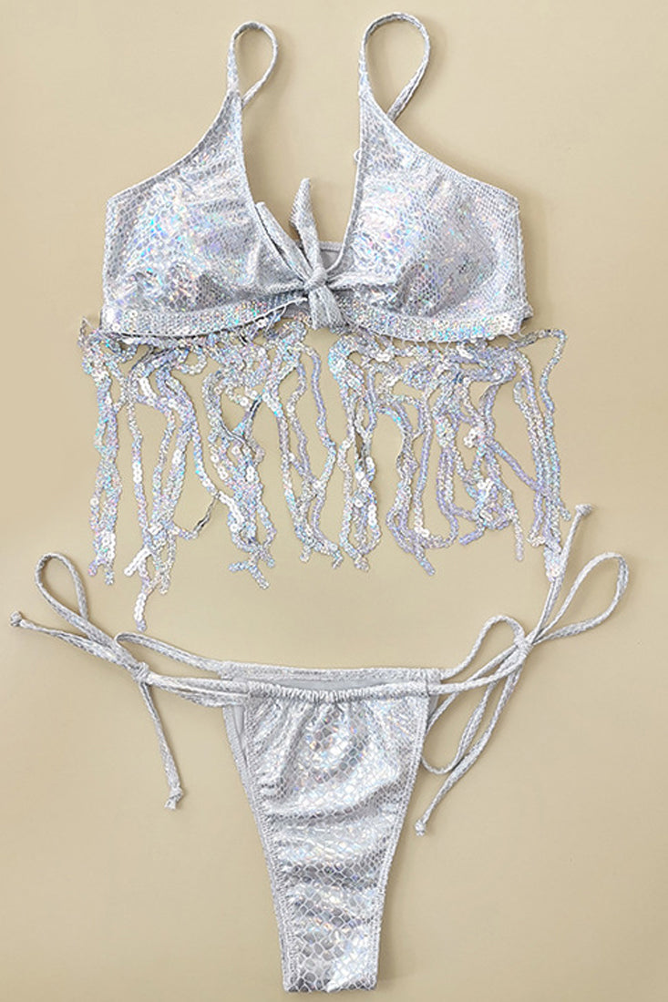 Metallic Silver Sequin Fringe 2 Pc Bikini Set Areous