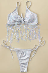 Metallic Silver Sequin Fringe 2 Pc Bikini Set Areous