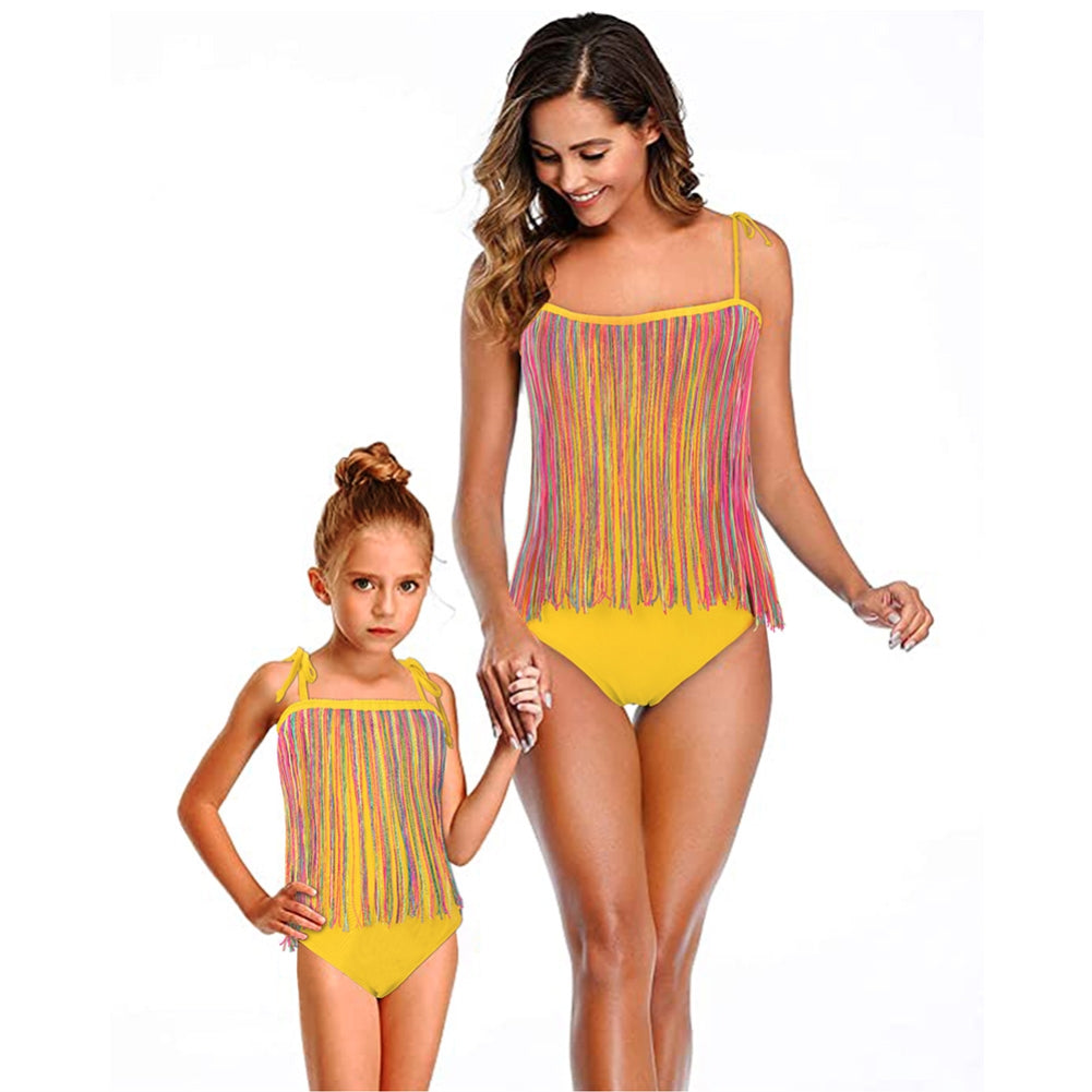 Mom and Daughter One Piece Straps Fringe Swimwear (Mom) Areous